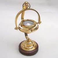 Solid Brass Gimball Compass Wooden Base